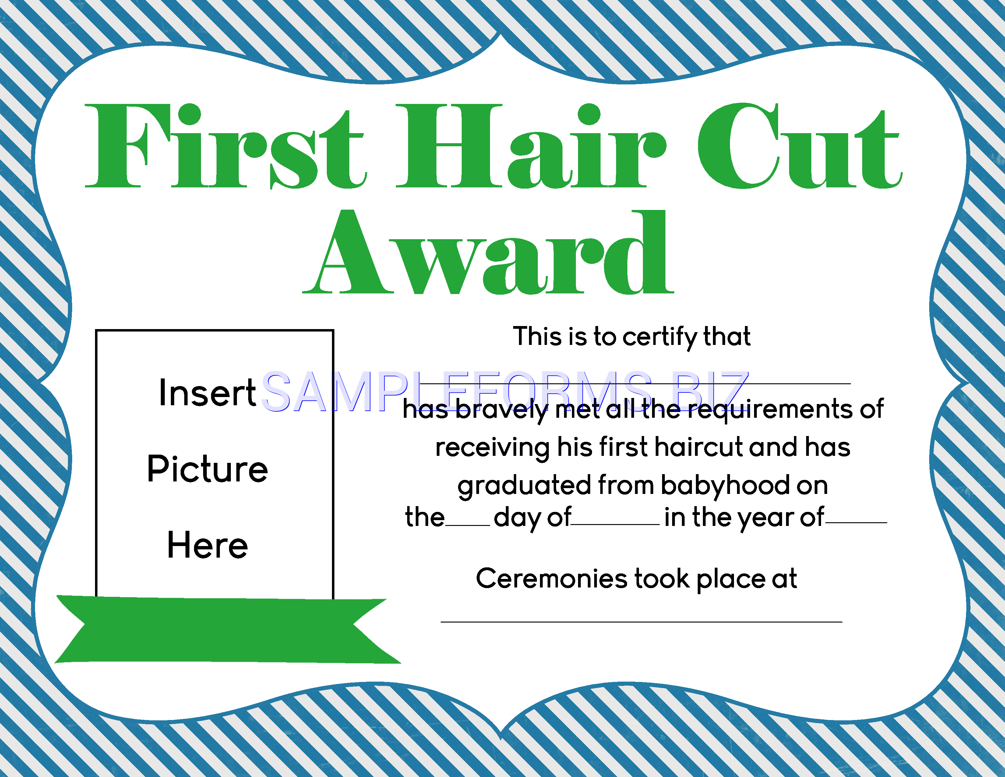 Preview free downloadable Boys First Hair cut Award Printable in PDF (page 1)
