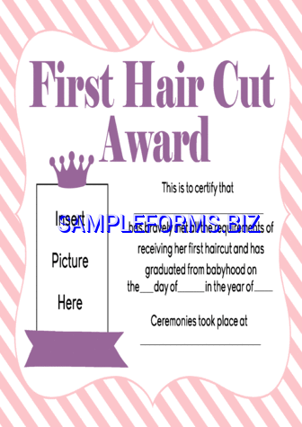 Girls First Hair cut Award Printable pdf free