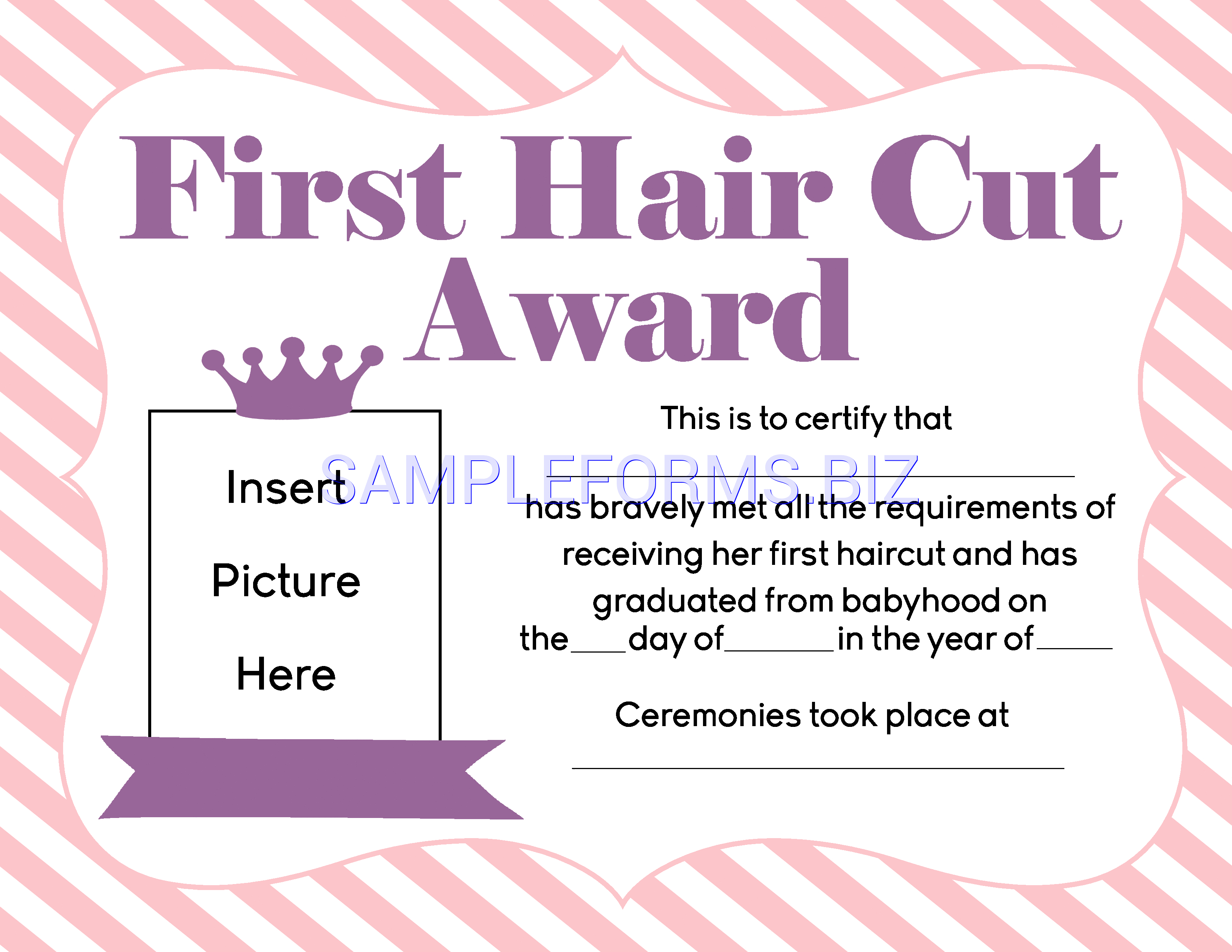 Preview free downloadable Girls First Hair cut Award Printable in PDF (page 1)